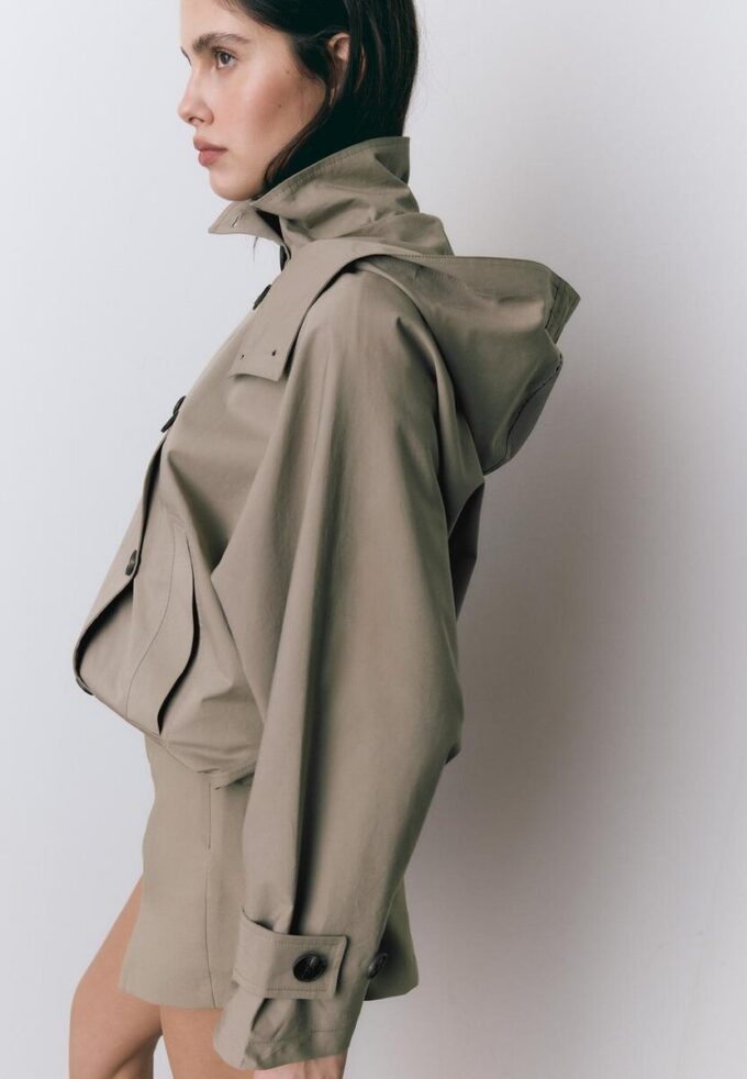 Short Puff Sleeve Trench Coat with Detachable Hood Short Puff Sleeve Trench Coat with Detachable Hood