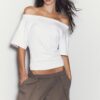 Short Sleeve Boat Neck T-Shirt with Gathers