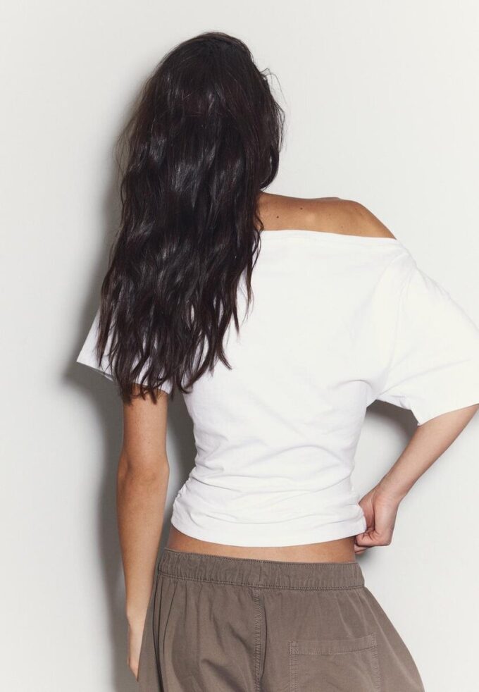 Short Sleeve Boat Neck T-Shirt with Gathers