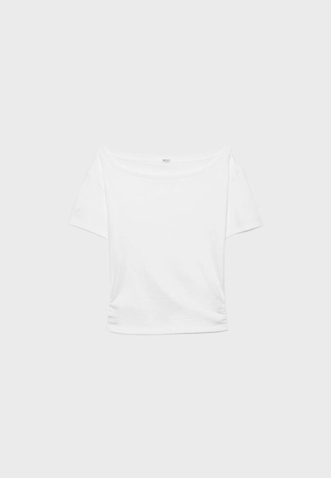 Short Sleeve Boat Neck T-Shirt with Gathers