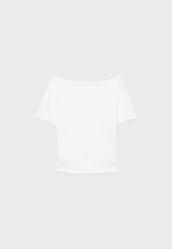 Short Sleeve Boat Neck T-Shirt with Gathers