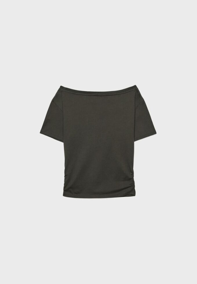 Short Sleeve Boat Neck T-Shirt with Gathers