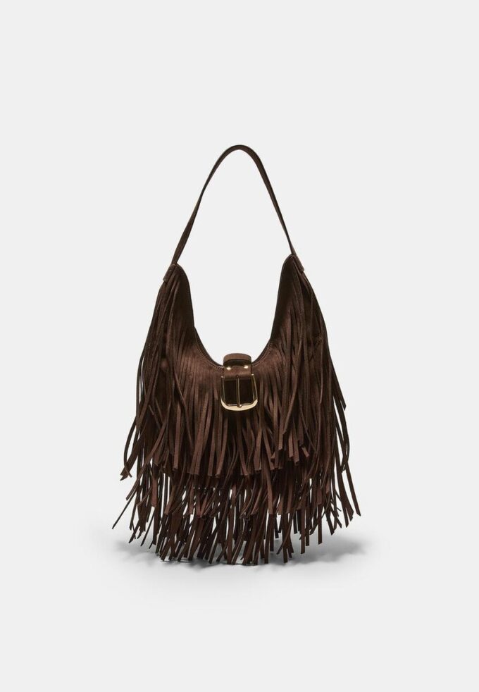 Shoulder Bag with Fringe and Buckle Detail