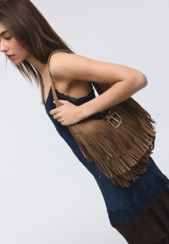 Shoulder Bag with Fringe and Buckle Detail