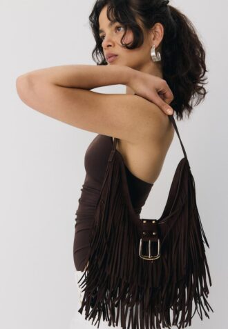 Shoulder Bag with Fringe and Buckle Detail