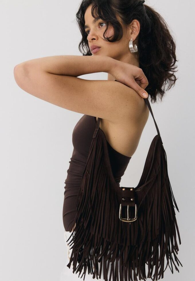 Shoulder Bag with Fringe and Buckle Detail