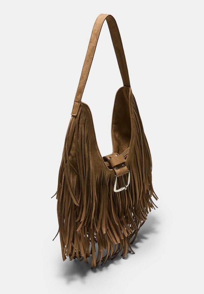 Shoulder Bag with Fringe and Buckle Detail