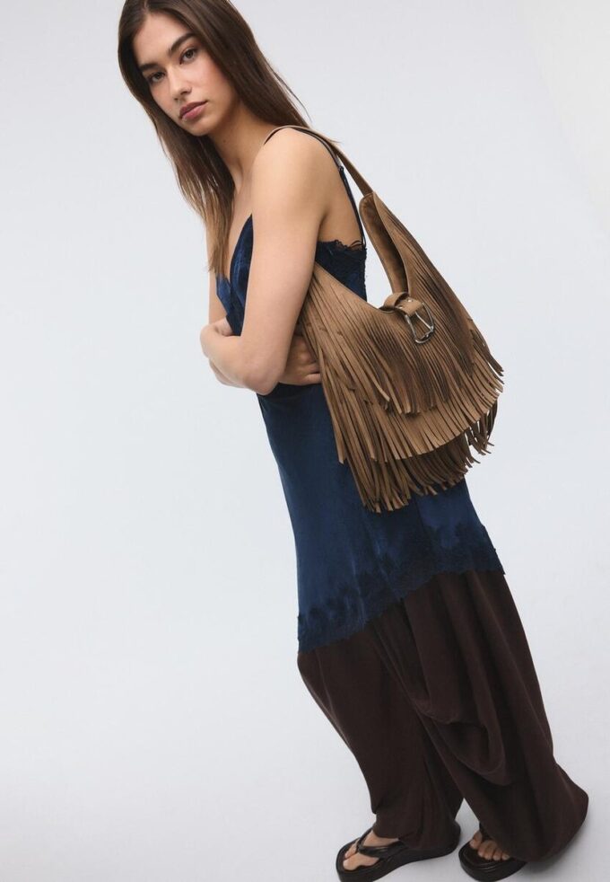 Shoulder Bag with Fringe and Buckle Detail
