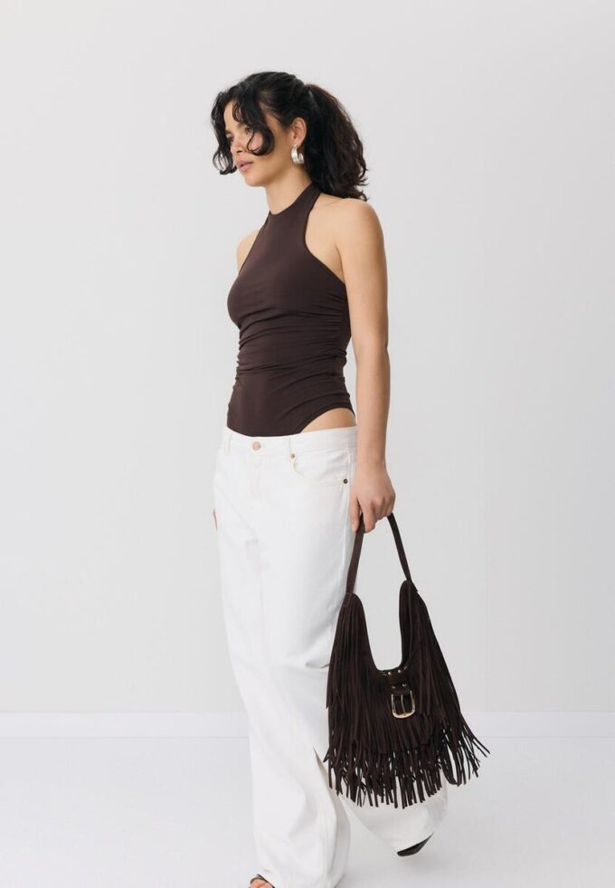 Shoulder Bag with Fringe and Buckle Detail