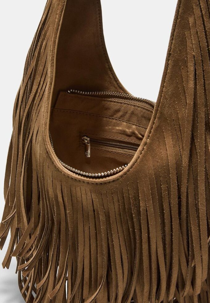 Shoulder Bag with Fringe and Buckle Detail