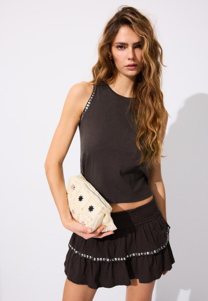 Sleeveless T-Shirt with Stud Embroidery