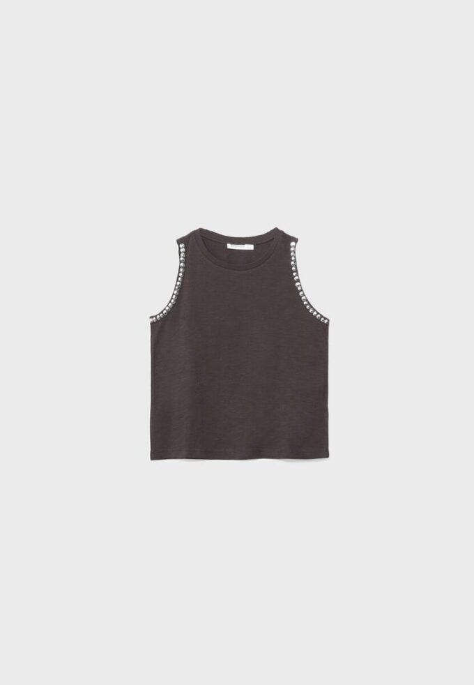 Sleeveless T-Shirt with Stud Embroidery