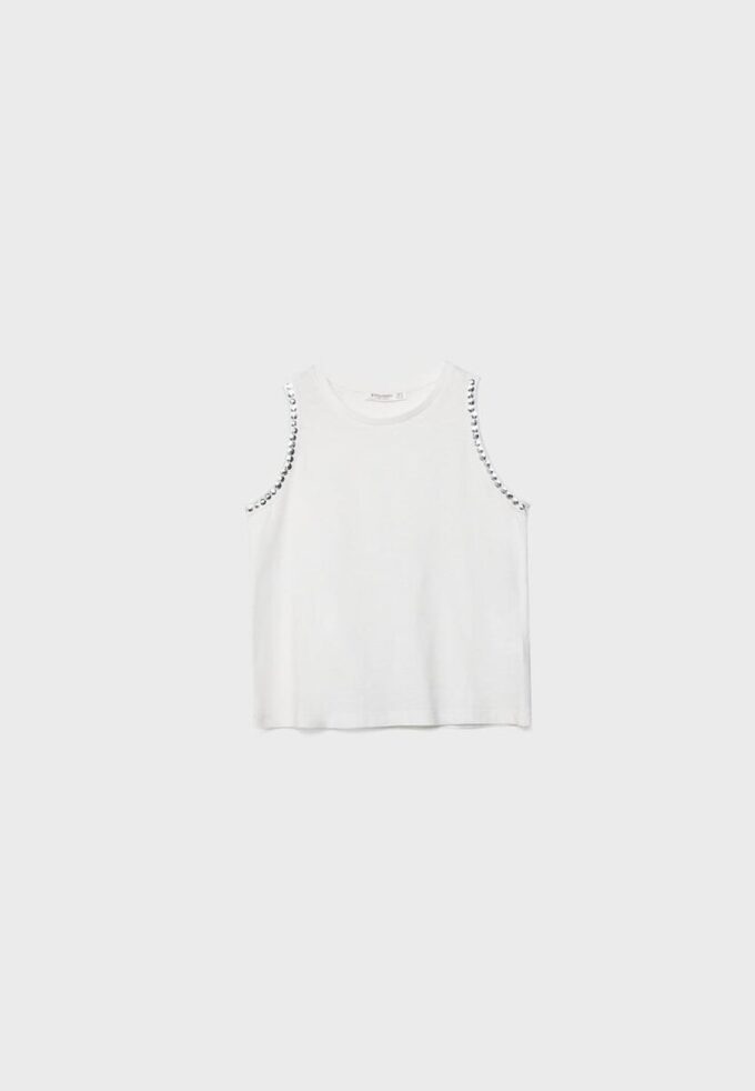 Sleeveless T-Shirt with Stud Embroidery