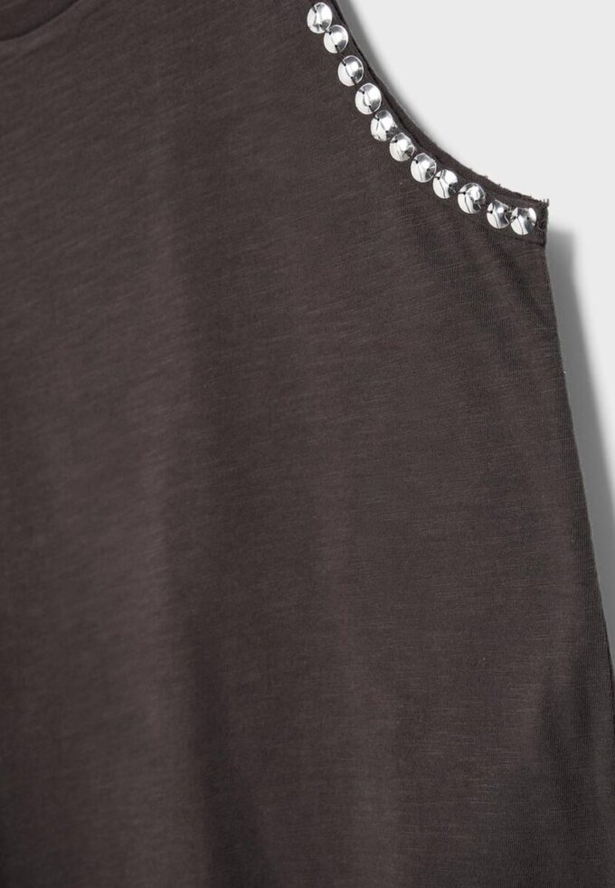 Sleeveless T-Shirt with Stud Embroidery