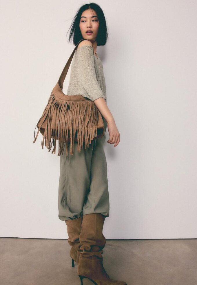 Soft Touch Shoulder Bag with Fringe Detail