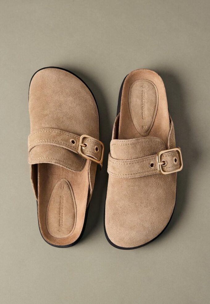 Split Suede Clogs with Buckle