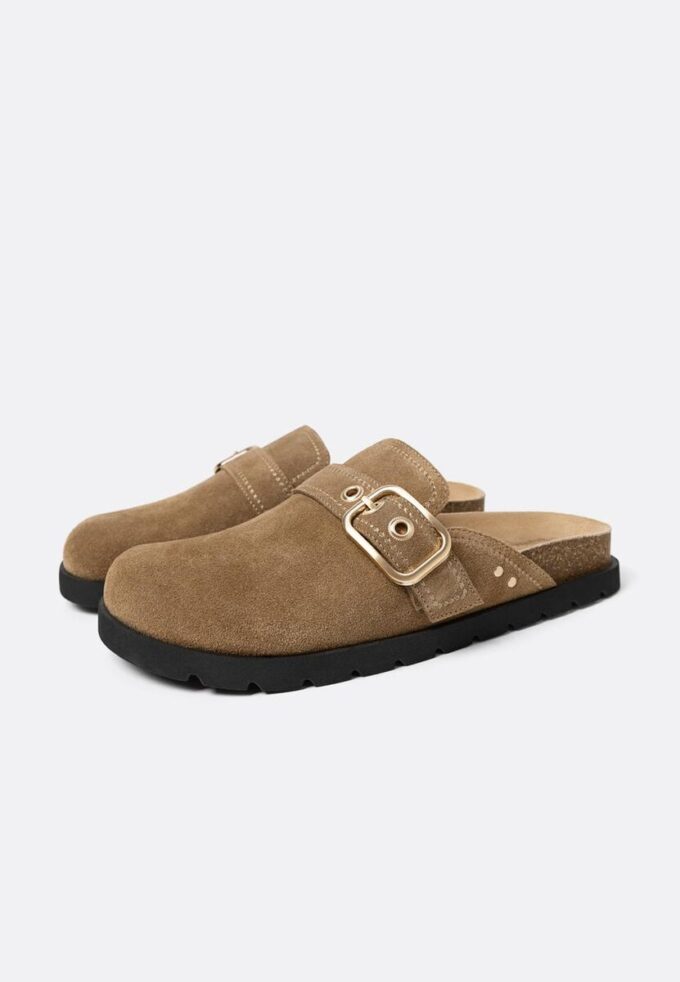 Split Suede Clogs with Buckle
