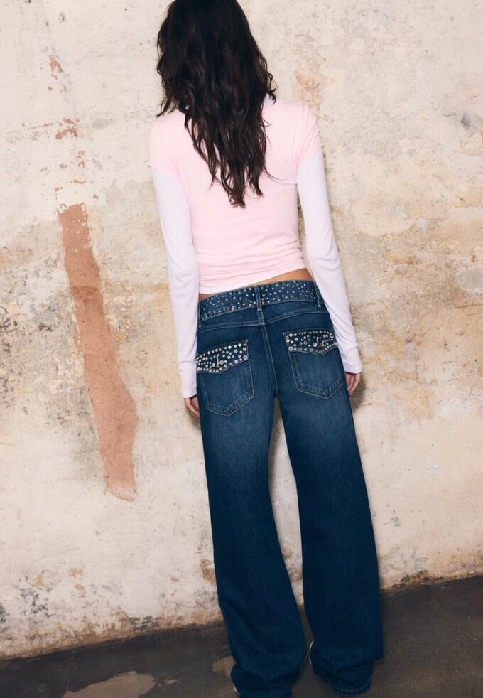 Straight Jeans with Studded Waistband Straight Jeans with Studded Waistband