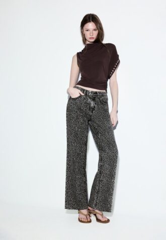 Straight Wide-Leg Leopard Print Jeans