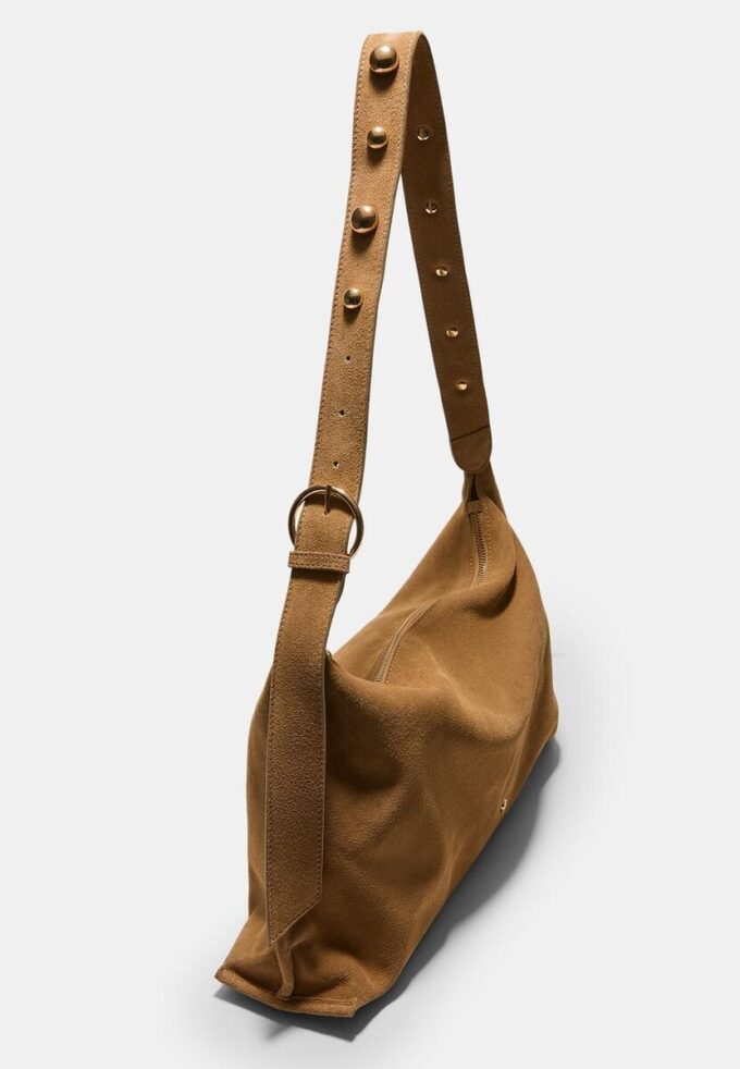 Studded Flat Shoulder Bag, 100% Leather