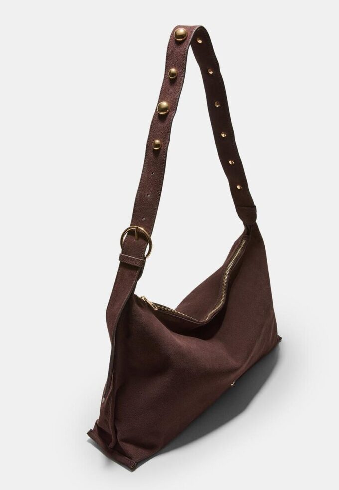 Studded Flat Shoulder Bag, 100% Leather