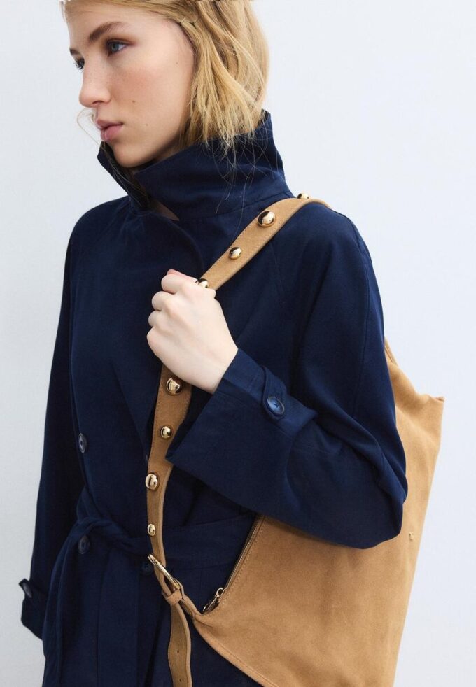 Studded Flat Shoulder Bag, 100% Leather