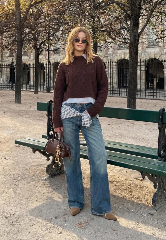Two-Fabric Knit Sweater with Detachable Collar