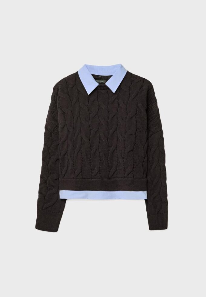 Two-Fabric Knit Sweater with Detachable Collar