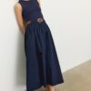 Two-Material Sleeveless Midi Dress with Belt