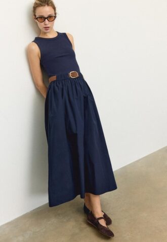 Two-Material Sleeveless Midi Dress with Belt