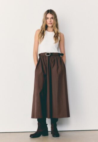 Two-Material Sleeveless Midi Dress with Belt