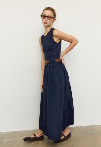 Two-Material Sleeveless Midi Dress with Belt