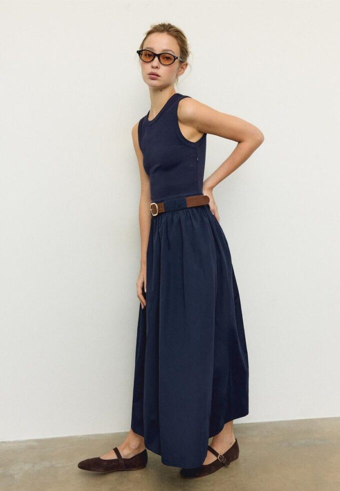 Two-Material Sleeveless Midi Dress with Belt