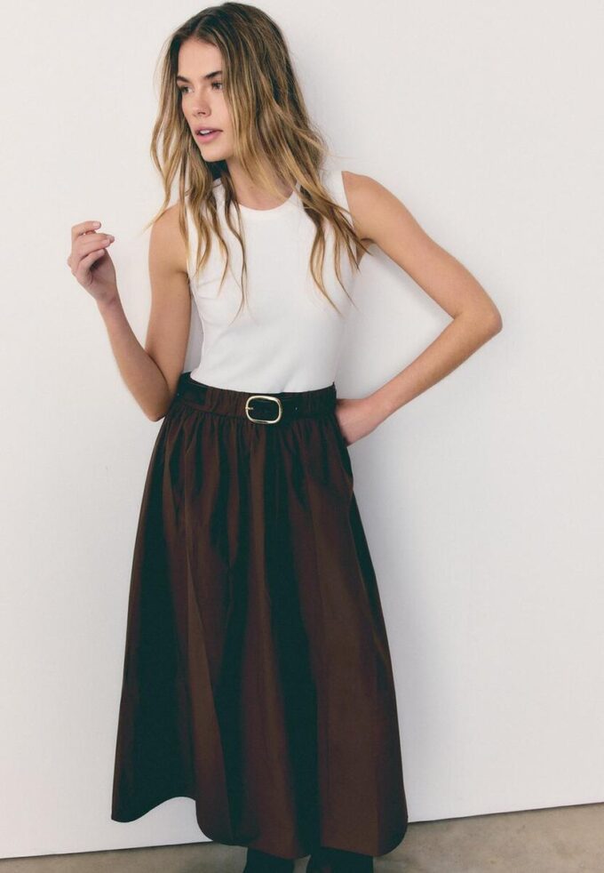 Two-Material Sleeveless Midi Dress with Belt