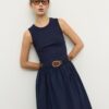 Two-Material Sleeveless Midi Dress with Belt