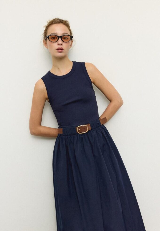 Two-Material Sleeveless Midi Dress with Belt