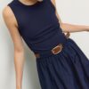 Two-Material Sleeveless Midi Dress with Belt
