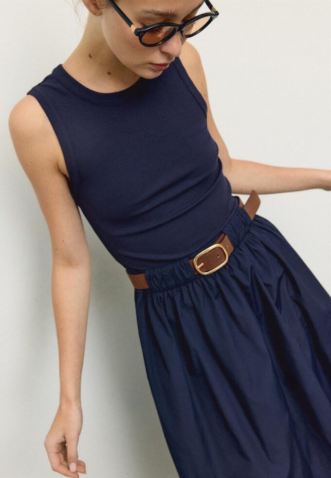 Two-Material Sleeveless Midi Dress with Belt