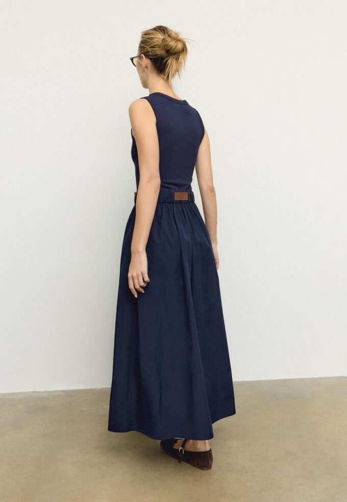 Two-Material Sleeveless Midi Dress with Belt