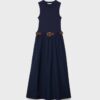 Two-Material Sleeveless Midi Dress with Belt