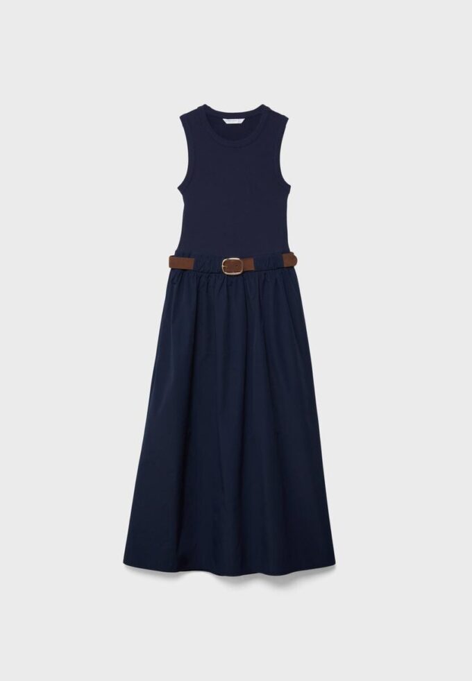 Two-Material Sleeveless Midi Dress with Belt