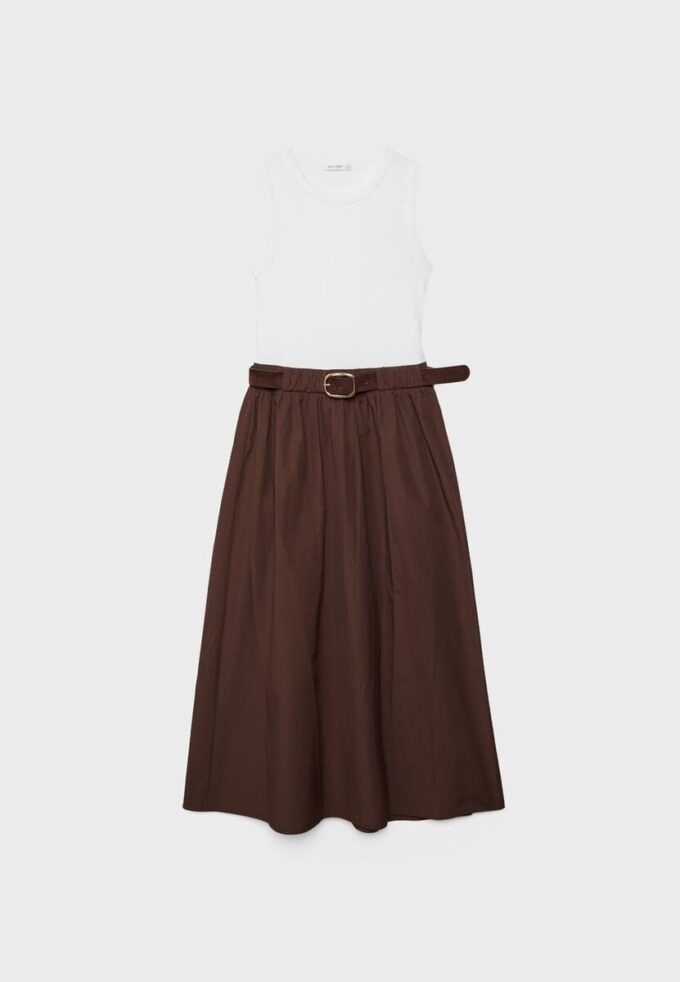 Two-Material Sleeveless Midi Dress with Belt