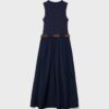 Two-Material Sleeveless Midi Dress with Belt