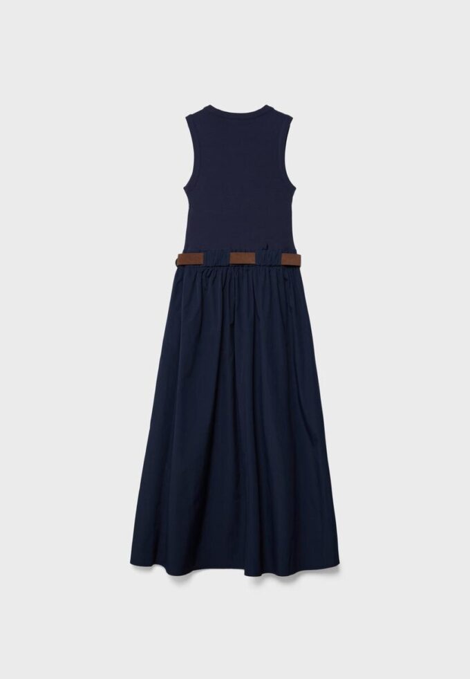 Two-Material Sleeveless Midi Dress with Belt