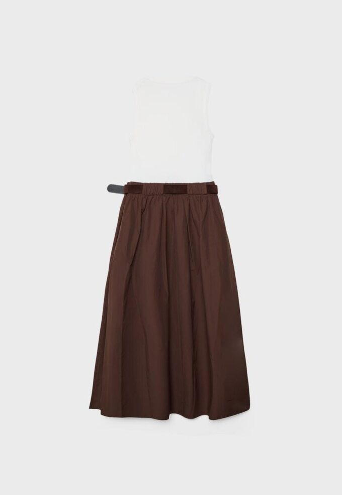 Two-Material Sleeveless Midi Dress with Belt