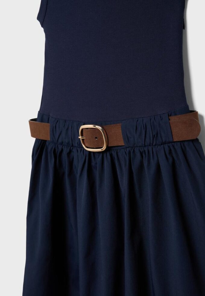 Two-Material Sleeveless Midi Dress with Belt