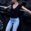 V-Neck Lace Short Sleeve T-Shirt