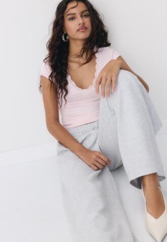 V-Neck Lace Short Sleeve T-Shirt