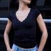 V-Neck Lace Short Sleeve T-Shirt