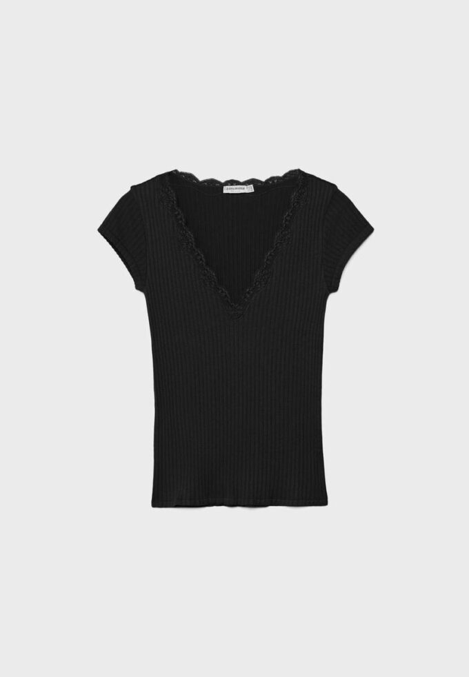 V-Neck Lace Short Sleeve T-Shirt
